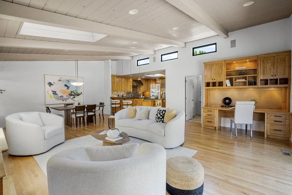Dining room, Interior, Kitchen, Living room, Pendant Lights, Recessed Lighting, Stainless Steel Appliances, Wood Texture Flooring