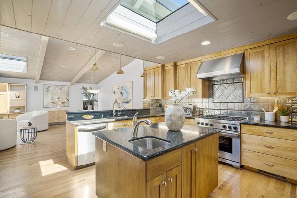 Interior, Kitchen, Pendant Lights, Recessed Lighting, Stainless Steel Appliances, Wooden Ceilings, Wood Texture Flooring