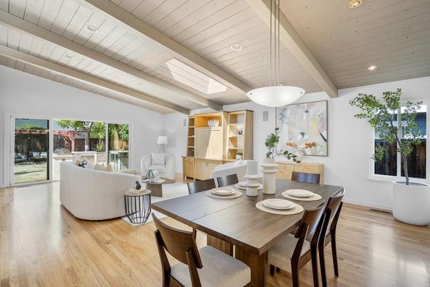Dining room, Interior, Living room, Pendant Lights, Recessed Lighting, Wood Texture Flooring