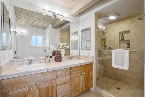 Bathroom, Dual Sink Vanities, Glass Shower, Interior, Tile Countertops
