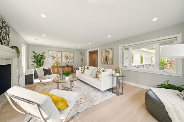 Fireplace, Interior, Living room, Recessed Lighting, Wood Texture Flooring