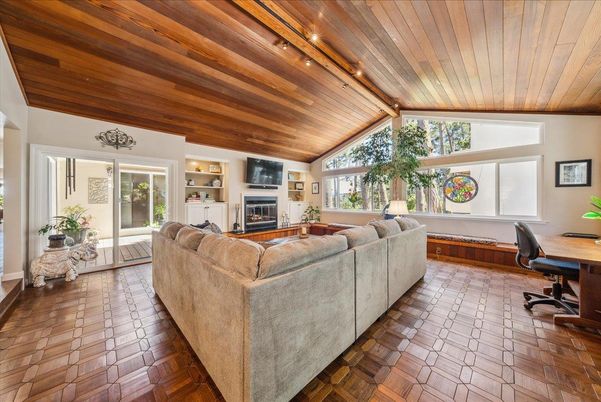 Fireplace, Home Office, Interior, Living room, Wooden Ceilings, Wood Texture Flooring