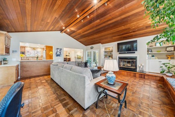 Fireplace, Interior, Living room, Recessed Lighting, Wooden Ceilings, Wood Texture Flooring