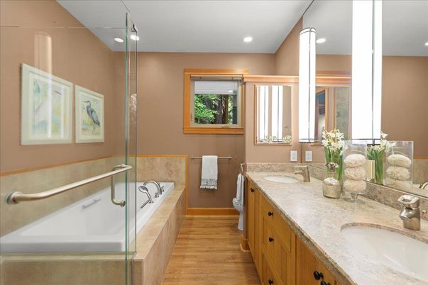 Bathroom, Dual Sink Vanities, Glass Shower, Interior, Recessed Lighting, Wood Texture Flooring