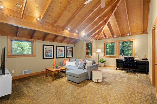 Home Office, Interior, Living room, Recessed Lighting, Wooden Beams, Wooden Ceilings