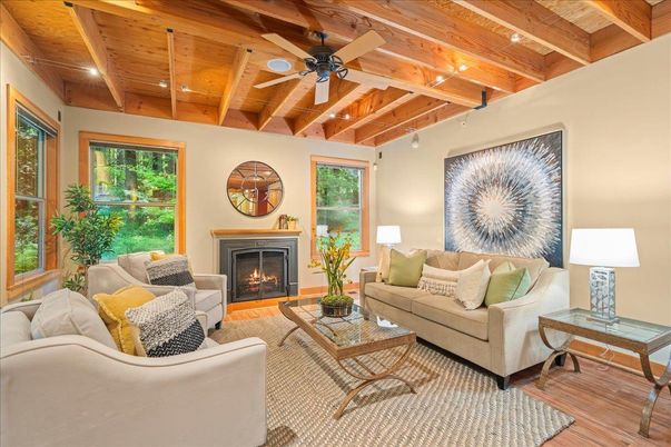 Fireplace, Interior, Living room, Recessed Lighting, Wooden Beams, Wooden Ceilings, Wood Texture Flooring