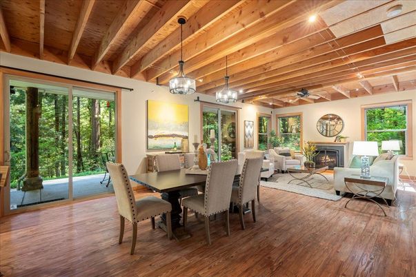 Dining room, Fireplace, Interior, Living room, Pendant Lights, Wooden Beams, Wooden Ceilings, Wood Texture Flooring