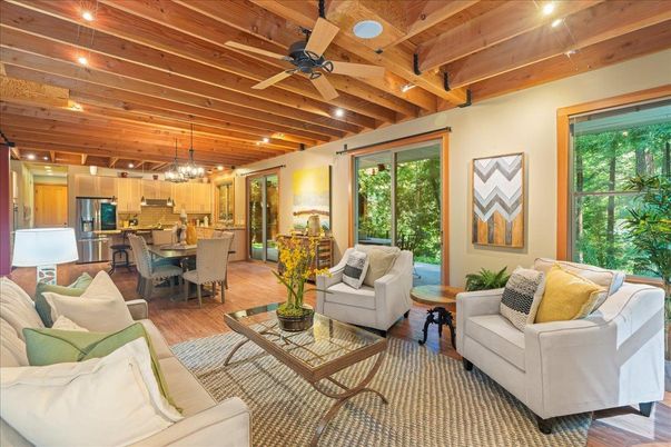 Chandelier, Dining room, Interior, Kitchen, Living room, Recessed Lighting, Stainless Steel Appliances, Wooden Beams, Wooden Ceilings, Wood Texture Flooring