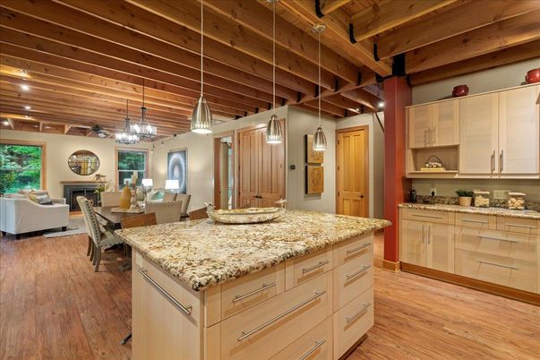 Dining room, Fireplace, Interior, Living room, Pendant Lights, Recessed Lighting, Wooden Beams, Wooden Ceilings, Wood Texture Flooring