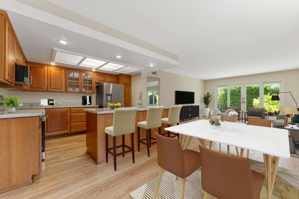 Dining room, Interior, Kitchen, Living room, Recessed Lighting, Wood Texture Flooring
