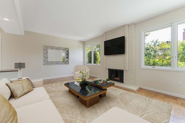Fireplace, Interior, Living room, Recessed Lighting, Stone Walls, Wood Texture Flooring