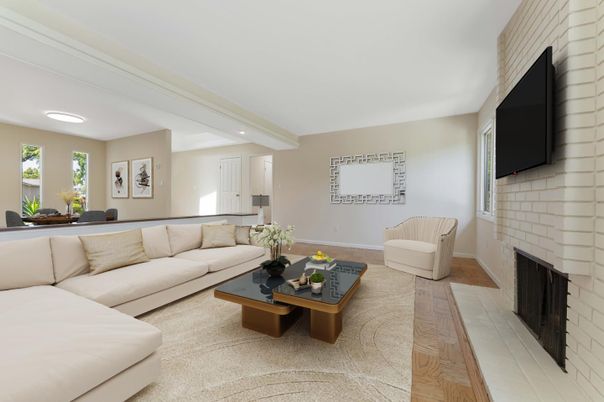 Fireplace, Interior, Living room, Recessed Lighting, Stone Walls, Wood Texture Flooring