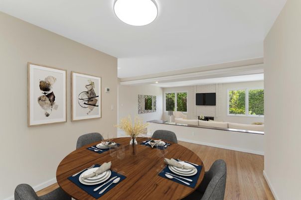 Dining room, Fireplace, Interior, Living room, Recessed Lighting, Wood Texture Flooring