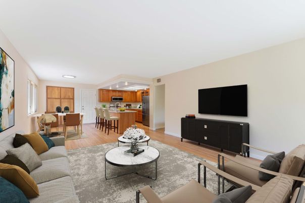 Dining room, Interior, Kitchen, Living room, Recessed Lighting, Stainless Steel Appliances, Wood Texture Flooring