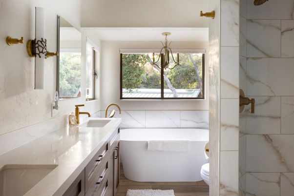 Bathroom, Chandelier, Interior, Marble Walls, Wood Texture Flooring