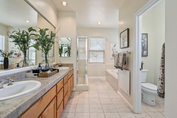 Bathroom, Dual Sink Vanities, Glass Shower, Interior, Recessed Lighting, Tile Countertops