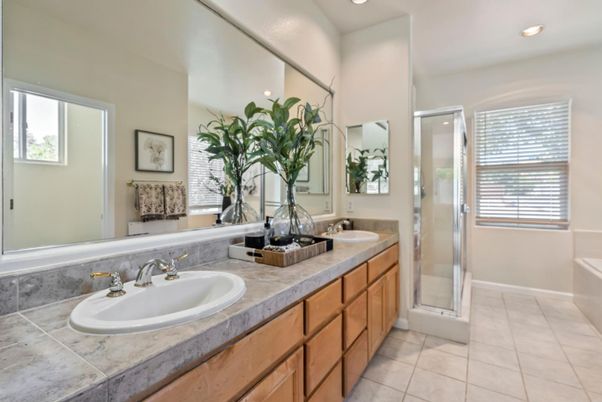 Bathroom, Dual Sink Vanities, Glass Shower, Interior, Recessed Lighting, Tile Countertops