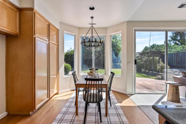Dining room, Interior, Pendant Lights, Wood Texture Flooring