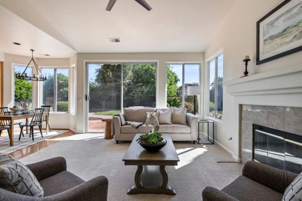 Dining room, Fireplace, Interior, Living room, Pendant Lights, Wood Texture Flooring
