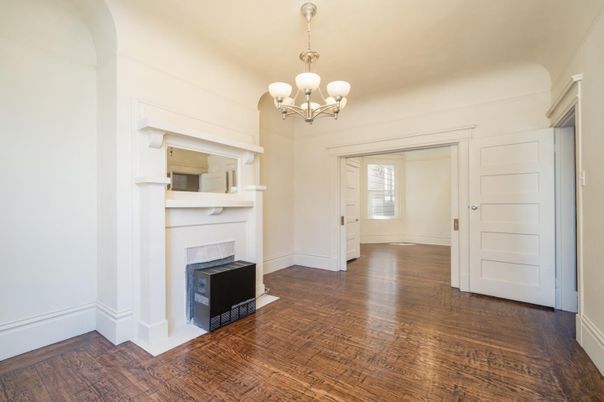 Chandelier, Empty room, Fireplace, Interior, Wood Texture Flooring