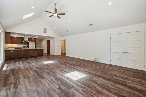 Empty room, Interior, Kitchen, Recessed Lighting, Wood Texture Flooring