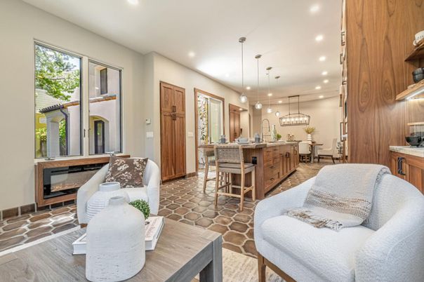 Fireplace, Interior, Kitchen, Living room, Pendant Lights, Recessed Lighting