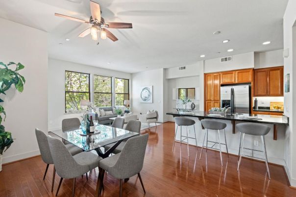 Dining room, Interior, Kitchen, Living room, Recessed Lighting, Stainless Steel Appliances, Wood Texture Flooring