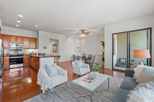 Dining room, Interior, Kitchen, Living room, Recessed Lighting, Stainless Steel Appliances, Wood Texture Flooring