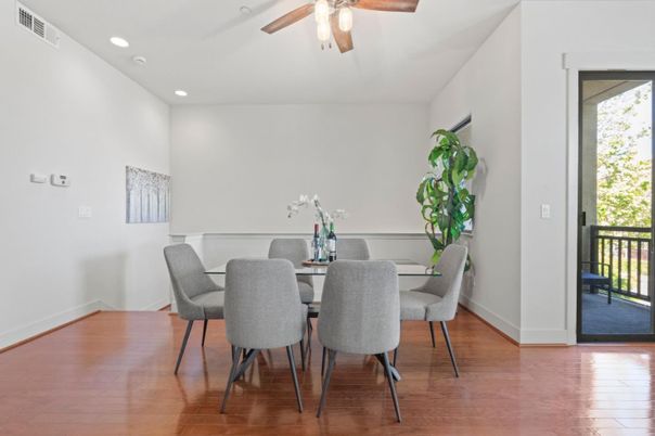 Dining room, Interior, Recessed Lighting, Wood Texture Flooring