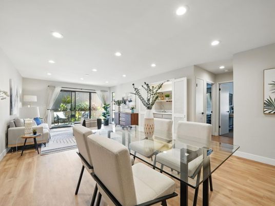 Dining room, Interior, Living room, Recessed Lighting, Wood Texture Flooring
