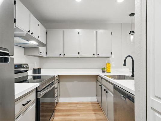 Interior, Kitchen, Pendant Lights, Recessed Lighting, Stainless Steel Appliances, Wood Texture Flooring