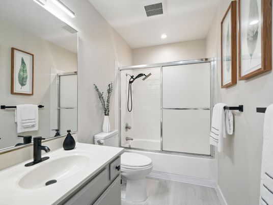 Bathroom, Glass Shower, Interior, Recessed Lighting, Wood Texture Flooring
