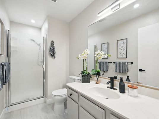 Bathroom, Dual Sink Vanities, Glass Shower, Interior, Recessed Lighting, Wood Texture Flooring