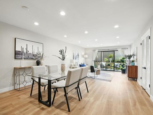 Dining room, Interior, Living room, Recessed Lighting, Wood Texture Flooring