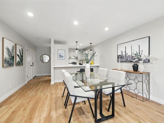Dining room, Interior, Kitchen, Pendant Lights, Recessed Lighting, Wood Texture Flooring