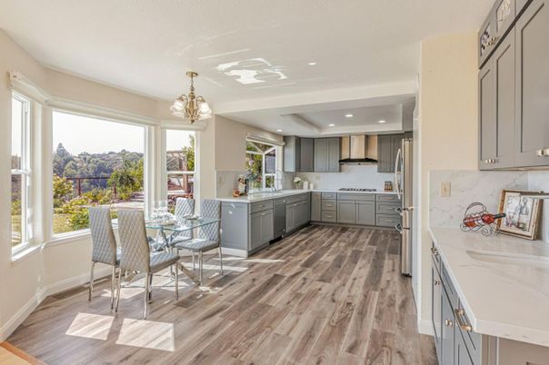 Dining room, Interior, Kitchen, Marble Walls, Pendant Lights, Recessed Lighting, Wood Texture Flooring
