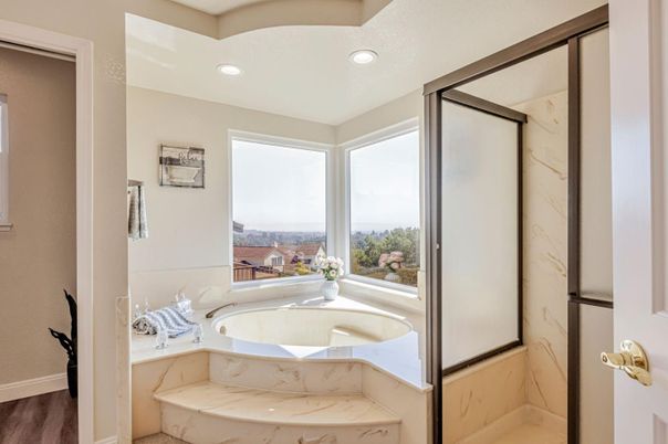 Bathroom, Interior, Marble Walls, Recessed Lighting, Wood Texture Flooring