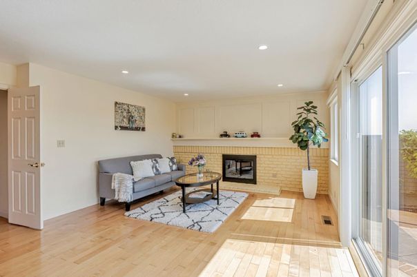 Fireplace, Interior, Living room, Recessed Lighting, Wood Texture Flooring