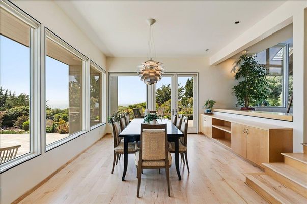 Dining room, Interior, Pendant Lights, Recessed Lighting, Wood Texture Flooring