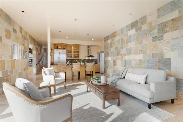 Interior, Kitchen, Living room, Pendant Lights, Recessed Lighting, Stainless Steel Appliances, Stone Walls