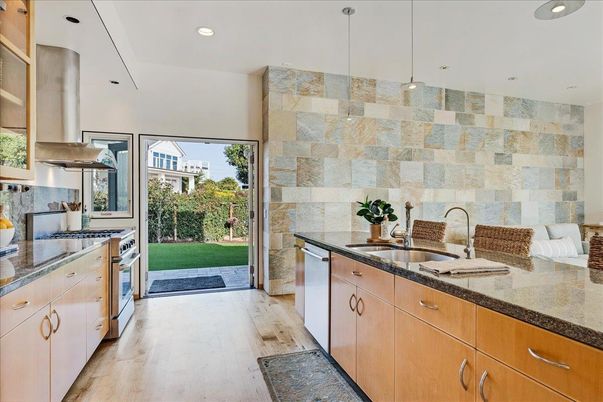 Interior, Kitchen, Pendant Lights, Recessed Lighting, Stainless Steel Appliances, Stone Walls, Wood Texture Flooring