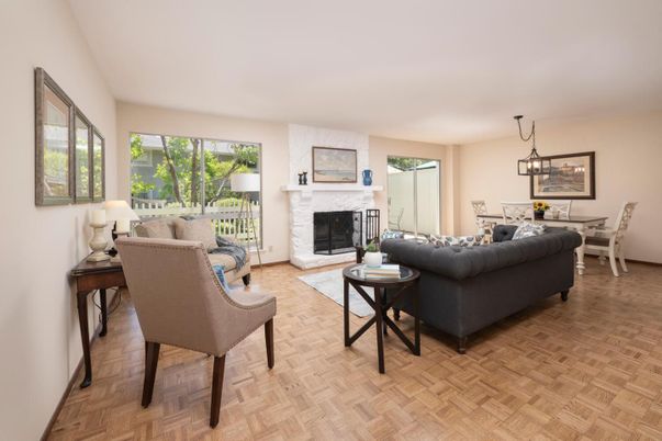 Dining room, Fireplace, Interior, Living room, Pendant Lights, Wood Texture Flooring