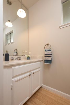 Bathroom, Interior, Pendant Lights, Wood Texture Flooring