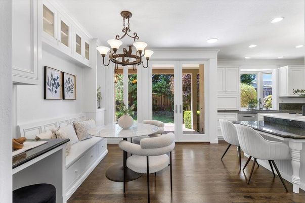 Chandelier, Dining room, Interior, Kitchen, Recessed Lighting, Wood Texture Flooring