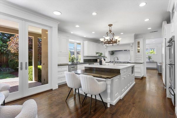 Chandelier, Interior, Kitchen, Recessed Lighting, Stainless Steel Appliances, Wood Texture Flooring