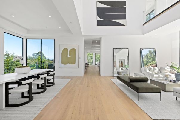 Dining room, Interior, Living room, Recessed Lighting, Wood Texture Flooring