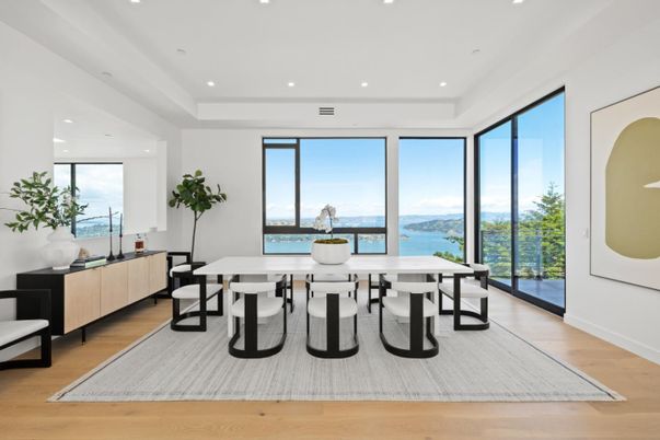Dining room, Interior, Recessed Lighting, Water, Wood Texture Flooring