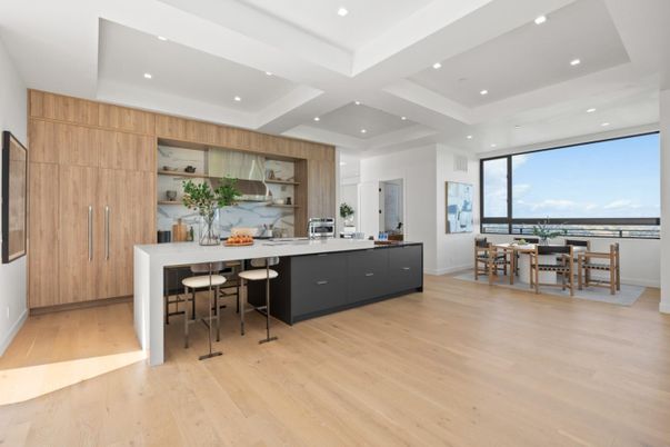 Dining room, Interior, Kitchen, Recessed Lighting, Stainless Steel Appliances, Wood Texture Flooring