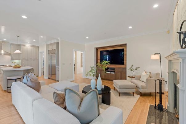 Dining room, Fireplace, Interior, Kitchen, Living room, Pendant Lights, Recessed Lighting, Stainless Steel Appliances, Wood Texture Flooring