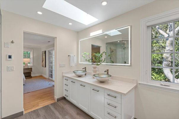 Bathroom, Dual Sink Vanities, Interior, Recessed Lighting, Wood Texture Flooring